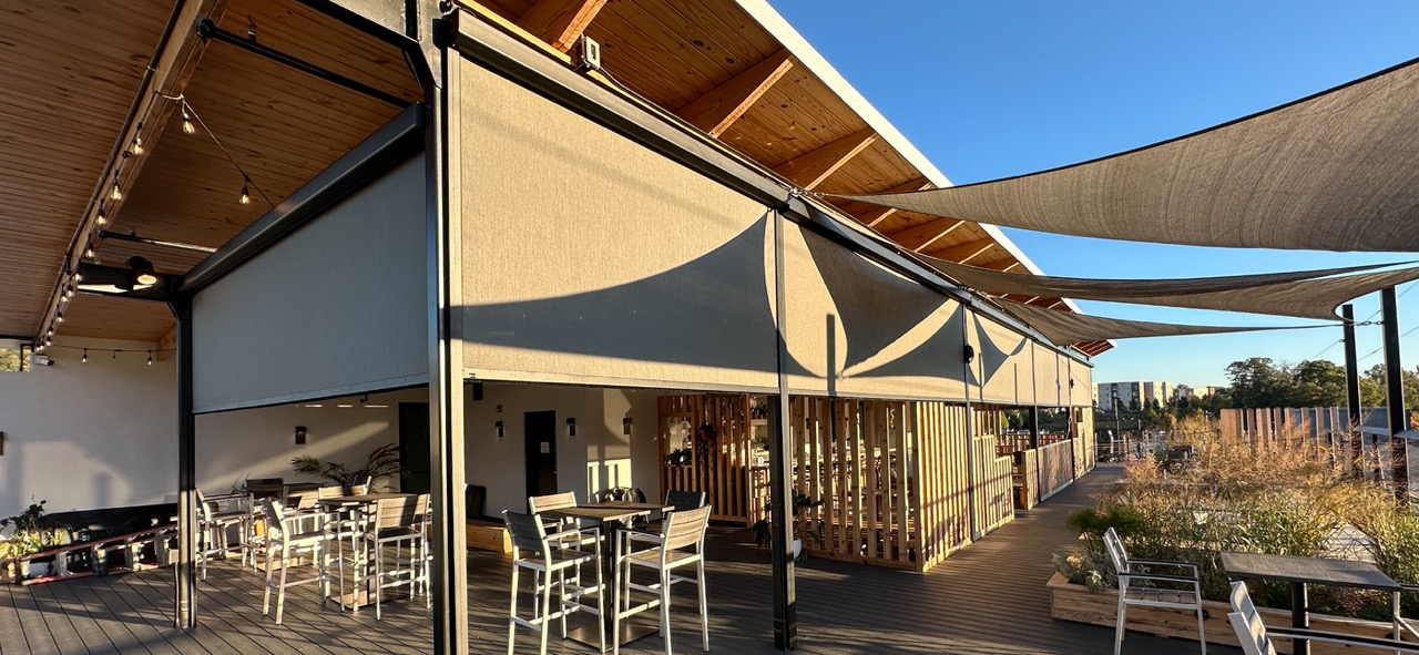 Commercial exterior retractable shades on restaurant patio in Western North Carolina